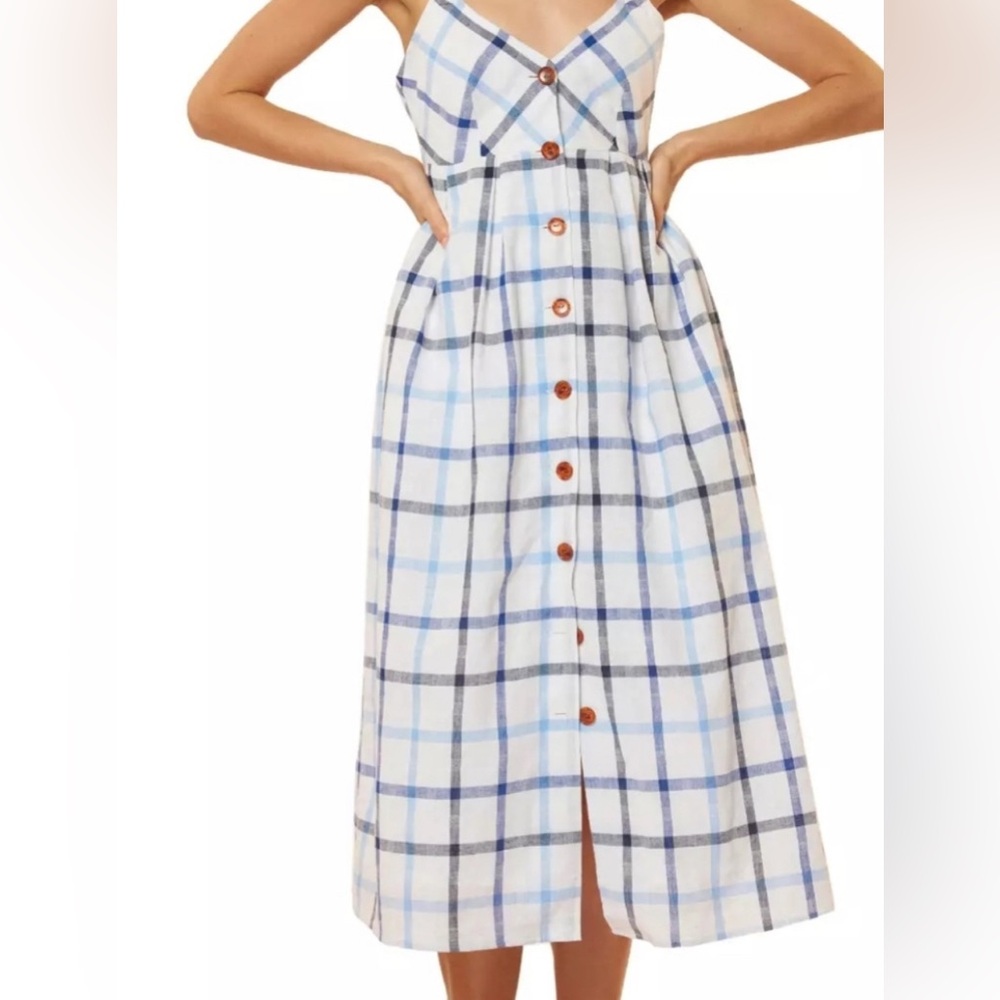 NWT RED CARTER Blue and White linen checkered midi dress with buttons size XS